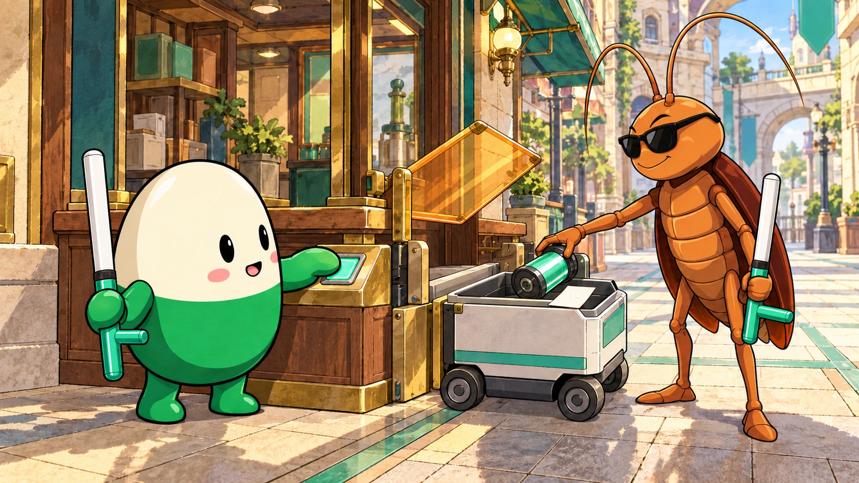 Cupsy approves an agent purchase while Cockroach delivers a service spool